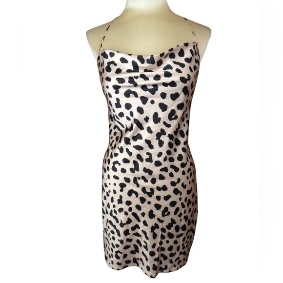 Princess Polly Leopard Cream Black Mini Dress Satin Open Back US Size 12 - Picture 3 of 9